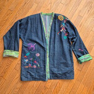 Handmade Denim Kimono Duster Jacket Bird Applique M/L